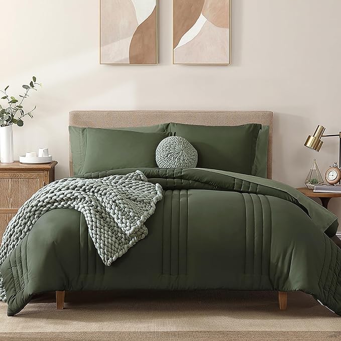 Monbix King Size Comforter Set - 7 Pieces Bed in a Bag King, Olive Green Bedding Sets with Comforter, All Seasons Down Alternative Comforter Bed Set with Sheets, Pillowcases & Shams