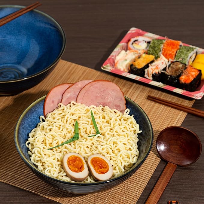 8 Inch Ceramic Ramen Bowl Set of 2, 40oz Japanese Bowls with Spoons & Chopsticks,Durable,Microwave & Dishwasher Safe,Perfect for Ramen,Pho,Salad,Soup,Noodles，Mixing bowls（Blue Topaz）