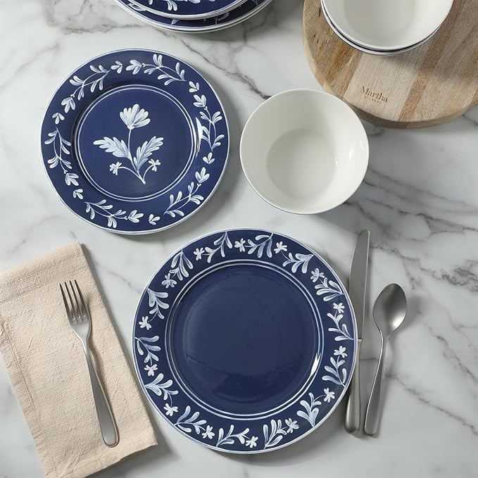 Martha Stewart Maiden Crown 12-Piece Sky Blue Dinnerware Set – Vegan Bone China Ceramic Plates & Bowls – Floral Design – Service for 4 – Microwave & Dishwasher Safe