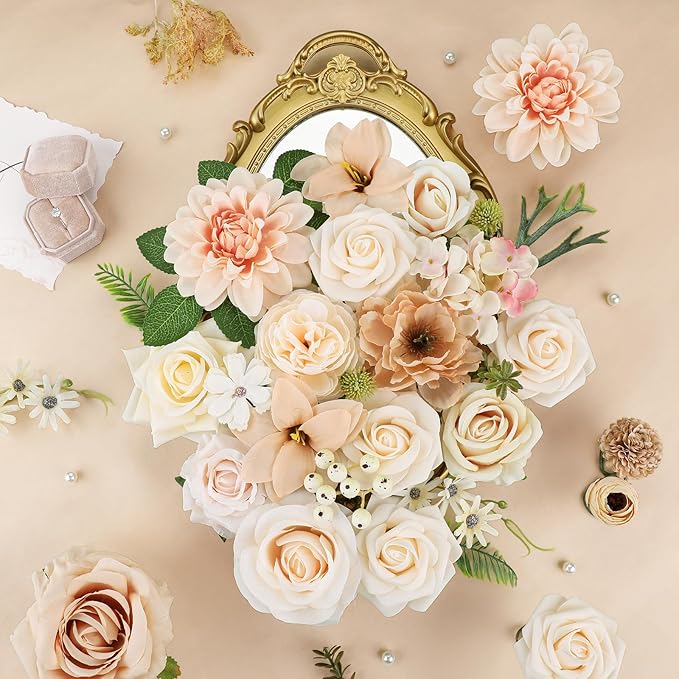 AmyHomie Nude Color Artificial Flowers Combo Silk Mix Peony Rose Fake Flowers w/Stem for DIY Wedding Bouquets Centerpieces Arrangements Table Fall Decor Party Bridal Baby Shower Home Decorations