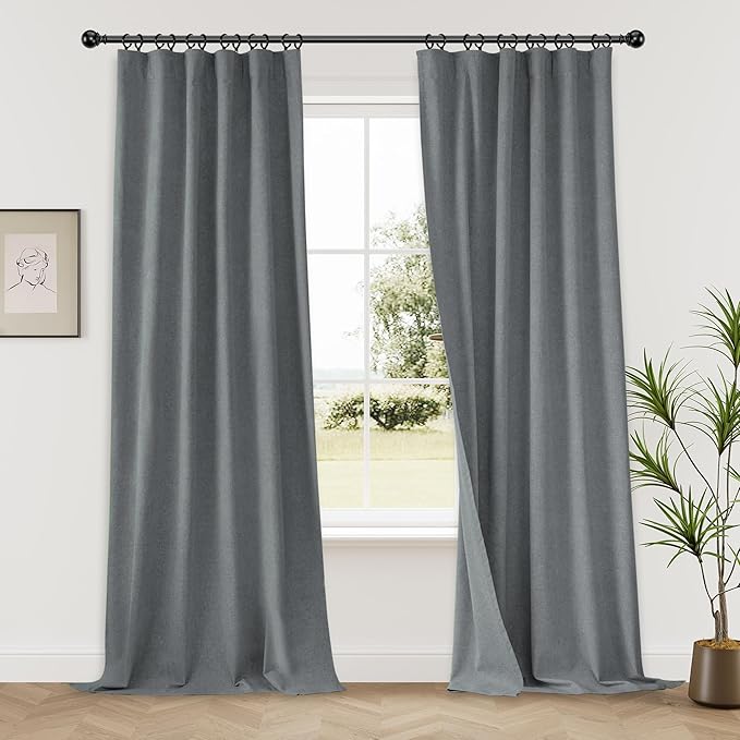 KangBang Extra Wide Blackout Curtains 72W, Faux Linen Back Tab Loop Pocket Pleated Light Blocking Black Out Drapes for Living Room Sliding Patio Door 8 FT Tall (Grey, W72xL96,2 Panels)