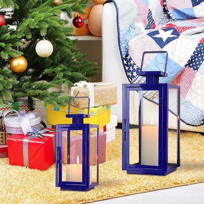 DECORKEY Christmas Decorations Outdoor&Indoor, 17''&13'' Set of 2 Blue Decorative Candle Lanterns, Modern Hanging/Tabletop Candle Holders for Christmas Home Porch Patio Wedding Decor