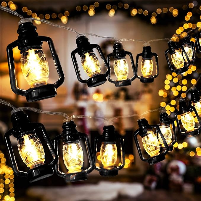 AceList 20 LED Black Lantern String Lights Mini Kerosene Lamp for Indoor Outdoor Patio Garden Holiday Home Ramadan Wedding Party Christmas Tree New Year Decorations(Warm White Light)
