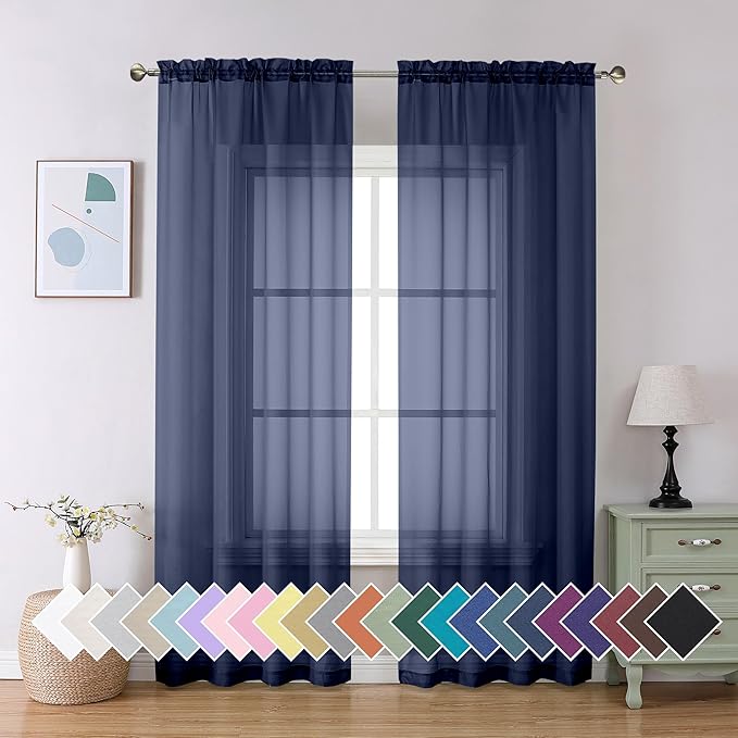 Aiyufeng Navy Blue Sheer Curtains 90 inch Length 2 Panels Set, Airy Soft-Touching Rod Pocket Voile Drapes for Living Room/Bedroom, Each 42W x 90L
