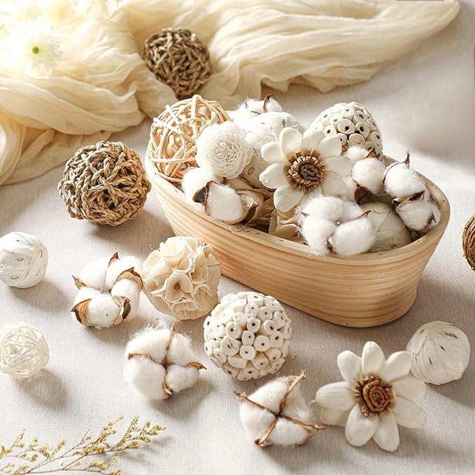 Riceshoot 2 Pack Decorative Balls Potpourri Bowl Filler Decor Natural Vase Bowl Filler Assorted Spherical Rattan Twigs Wicker Balls Cotton for Home Centerpiece(White)