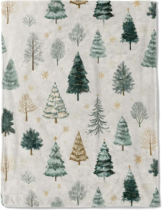 Christmas Decorative Blanket, Elegant Tree and Snowflake Print Throw Decoration, Soft Flannel Winter Blankets for Couch Bed Sofa, Holiday Home Decor, Xmas Festival Gifts White 40x50 Inch
