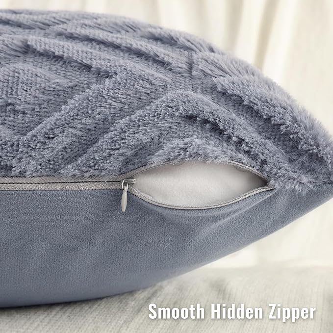 decorUhome Couch Throw Pillow Covers 16x16 Set of 2, Decorative Soft Plush Faux Wool Neutral Accent Pillow Covers for Bed Sofa Living Room, Blue Grey