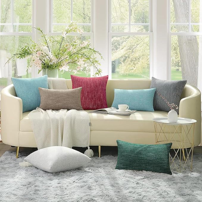 decorUhome Chenille Decorative Throw Pillow Covers 22x22 Set of 2, Farmhouse Textured Square Neutral Solid Accent Pillow Covers for Couch Sofa Bed Living Room Home Decor, Teal