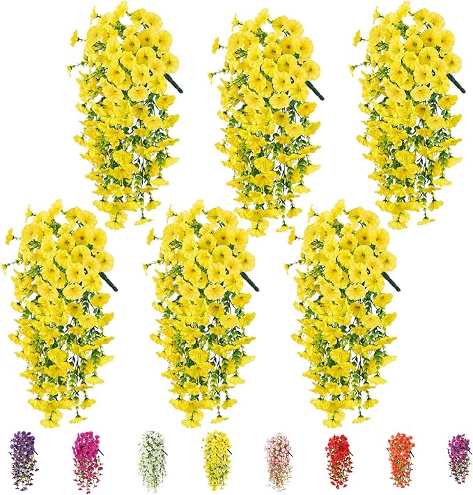 6-Pack Outdoor Faux Plants, 69-Flowered Large Morning Glory, Uv-Resistant Artificial Morning Glory,Perfect for Outdoor Decoration in All Seasons Such as Porches and Gardens (Yellow)