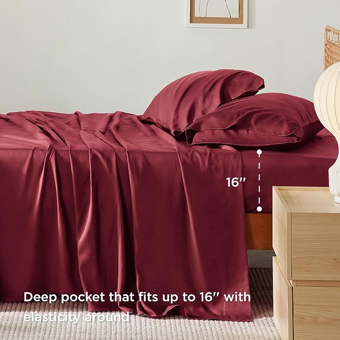 Bedsure Full Size Bed Sheets, Cooling Sheets, Rayon Derived from Bamboo, Breathable & Soft, Deep Pocket Up to 16 Inches, Hotel Luxury Silky Bedding for Hot Sleepers, Burgundy