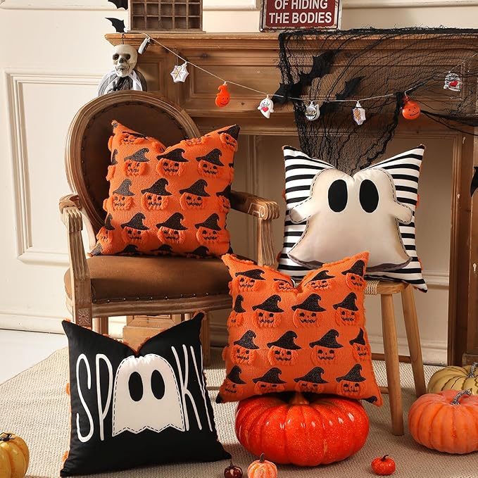 TOYPOPOR Halloween Decorations, 2 Packs Double Sided Ghost Pillow Covers, Soft Fur Throw Pillow Cases Indoor outdoor Pumpkin Couch Cushion Case for Fall Autumn Bedroom Living Room Home Decor 16''x16''