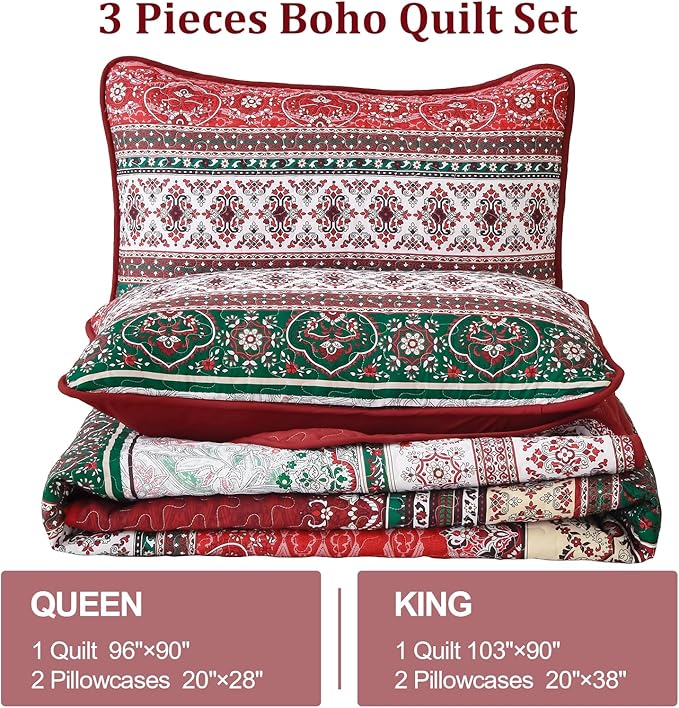 WONGS BEDDING Boho Queen Quilt Set, Red Bohemian Quilt Bedding Set, Lightweight Bed Decor Bedspread for All Season Reversible Microfiber Coverlet Bedding Set 96"x90"(3 Pieces)