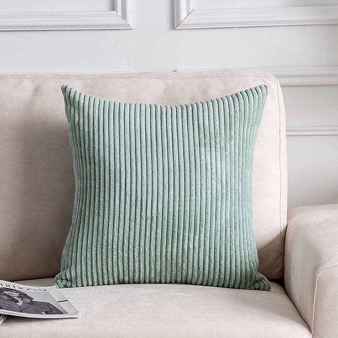Home Brilliant 24x24 Spring Pillow Cover Large Euro Sham Striped Solid Corduroy Decoration Throw Pillow Cover for Couch Bed Living Room Decor, 24 inch (60cm), Iceberg Green