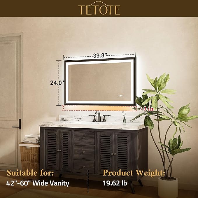 TETOTE LED Bathroom Mirror with Lights Gold Metal Framed 40x24 Frontlit & Backlit Vanity Mirror Baroque Antifog Stepless Dimmable White/Warm/Natural,CRI90+,Waterproof,Wall Mounted(Horizontal/Vertical)