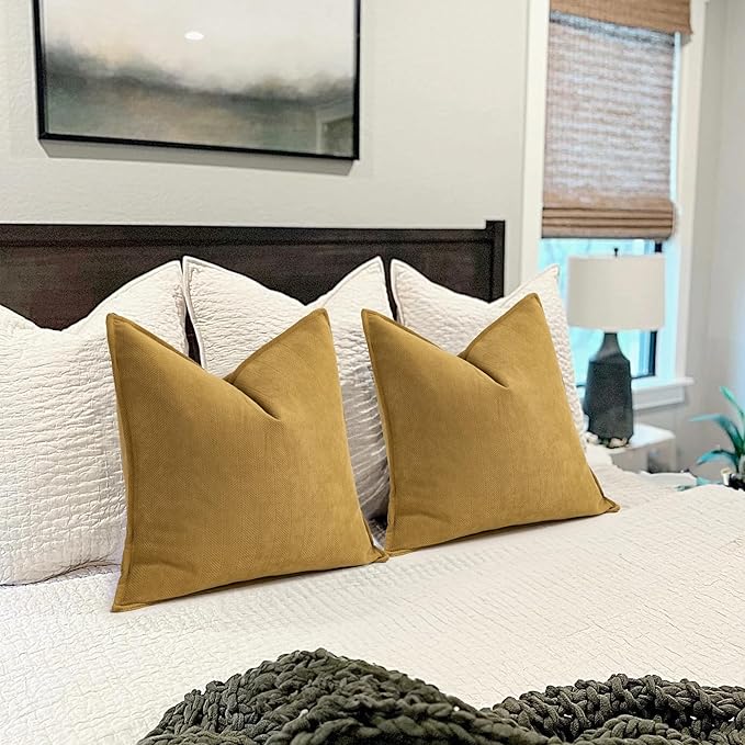 ZWJD Mustard Yellow Throw Pillow Covers 22x22 Set of 2 Chenille Pillow Covers with Elegant Design Soft and Luxurious Decorative Throw Pillows for Couch, Bed, and Home Decor