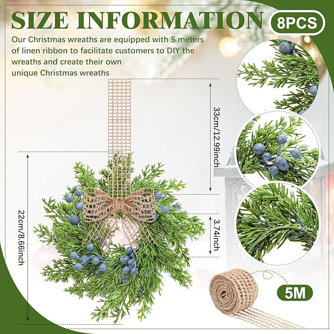 8 Pcs Small Vintage Christmas Cabinet Wreath Artificial Blue Berry Mini Kitchen Wreaths with Retro Burlap Ribbon for Farmhouse Rustic Home Front Door Window Wedding Chair Wall