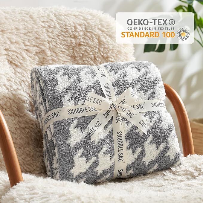 Snuggle Sac Houndstooth Throw Blanket for Couch, Reversible Super Soft Warm Blankets Cozy Knit Fuzzy Plush Lightweight Throws for Sofa, Bed, Camping, Grey,50x60 inches