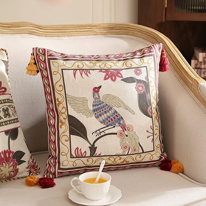 patdrea Designer Throw Pillow Cover 18"x18",Vintage Bird and Floral Pattern Linen Pillows Cover with Red and Yellow Pendant Charms,Square Decorative Pillowcases for Living Room Outdoor,Set of 2