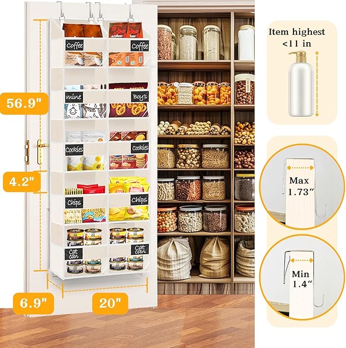 Over the Door Organizer, 5-Tier Extra Large Storage with 10 Pockets and PVC Label Pouches, 80 lbs Capacity Hanging Closet Organizer, Beige