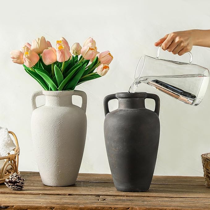 Ceramic Vase - 11.41 Inch Tall Rustic Vase with 2 Handles for Home Decor, Boho Decor Decorative Vases, Terracotta Vases for Farmhouse, Living Room, Shelf, Table