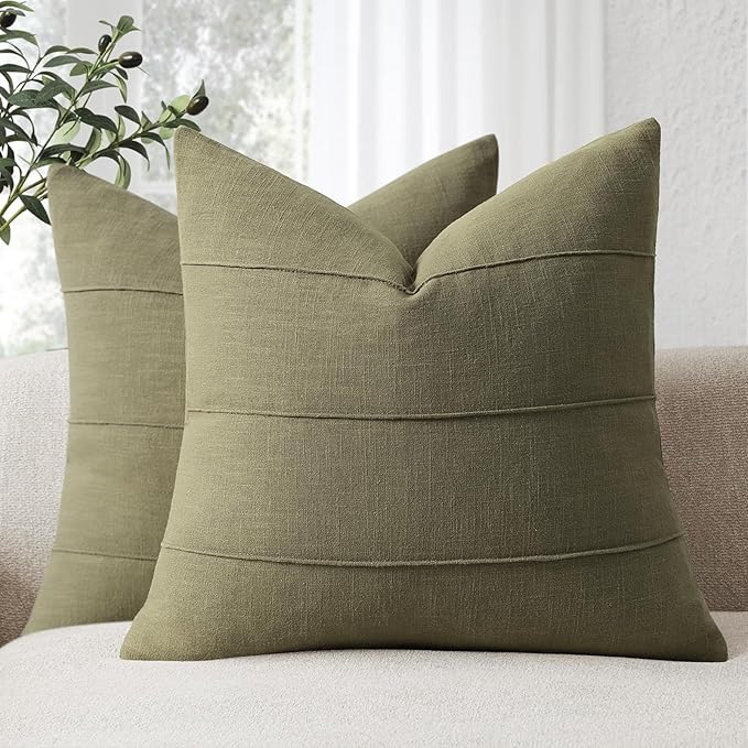 Decorative Linen Throw Pillow Covers 20x20 Set of 2 Solid handcrafted Striped Cushion Covers for Bed Soft Modern Farmhouse Neutral Pillowcase for Couch Bedroom Living Room Home Decor(Olive Green)