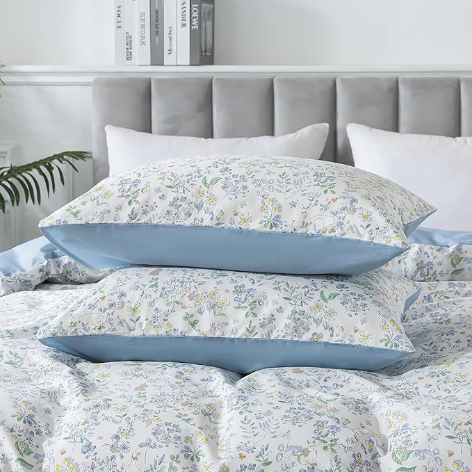HoneiLife Cotton Duvet Cover Queen - Floral Comforter Cover 3-PC, Soft Flower Bedding Duvet Cover Sets with Zipper Closure & Corner Ties, Wildflower Bedlinen Sets for All Season Use