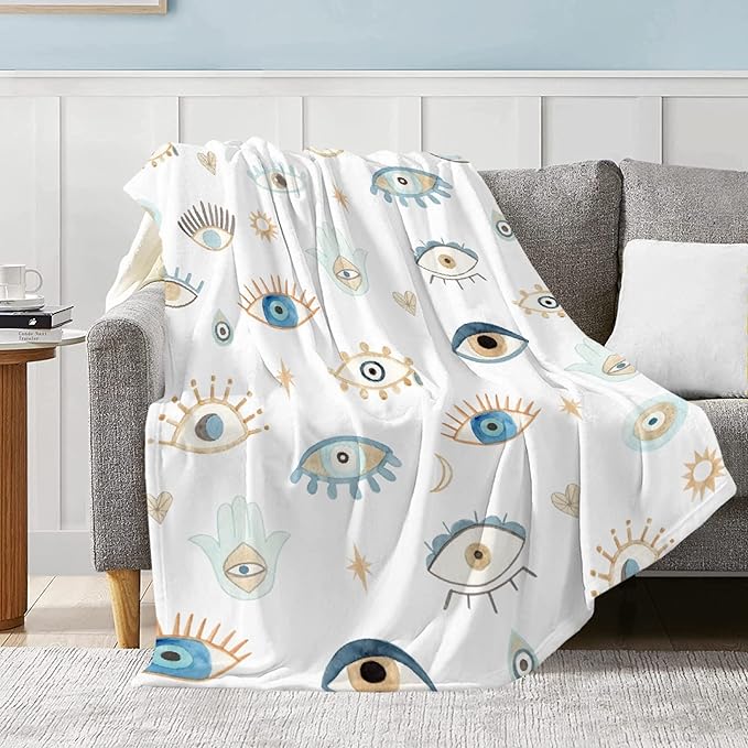 Evil Eye Pattern Throw Blanket Super Soft Cozy Plush Fleece Blanket Decorative Fuzzy Lightweight Blankets for Sofa Couch Bed Camping, 90"x120"-Familys/King Size