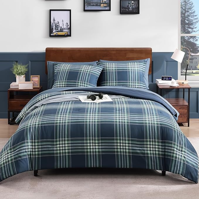 Plaid Queen Comforter Set, Midnight Blue Bedding Set 7 Pieces for Boys Girls Teen, Classic Farmhouse Bed in a Bag with Sheets, Pillowcases & Shams
