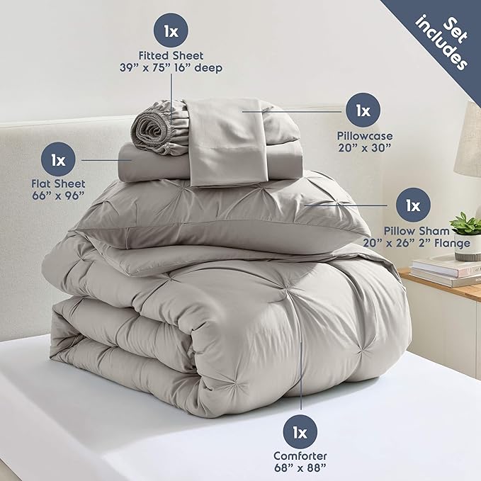 Nestl Twin Comforter Set 5 Piece - Pintuck Twin Bedding Sets Linen, College Dorm Room Essentials for Girls and Boys Bed in a Bag Twin All Season, Twin Comforter Set with Sheets, Pillowcase and Sham