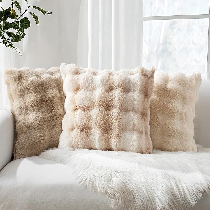 MIULEE Pack of 2 Decorative Pillow Covers Thick Soft Plush Faux Fur Throw Pillows Luxury Home Decor for Couch Bedroom Living Room Sofa,20x20 Inch White-Beige