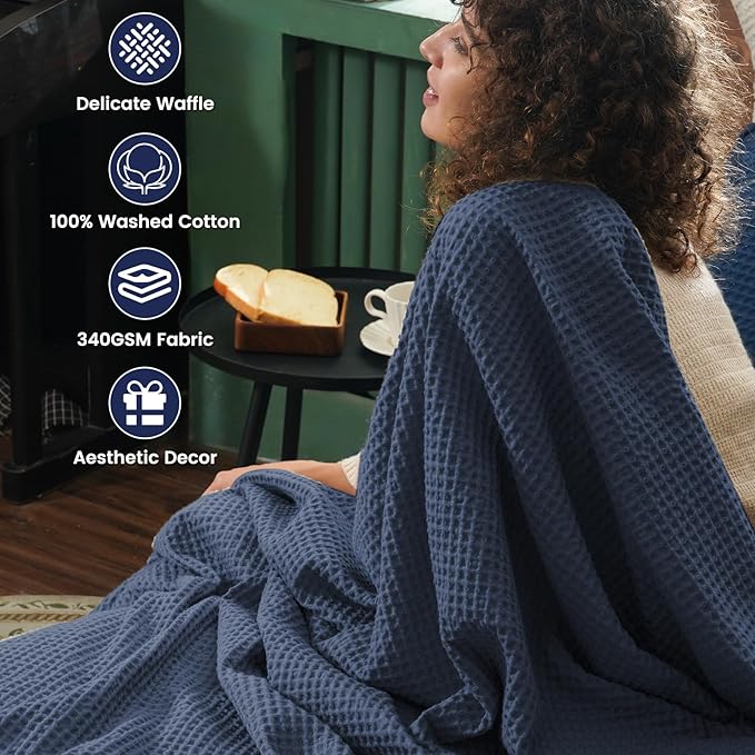PHF Pre-Washed Cotton Waffle Weave Blanket Throw Size for Bed Couch,Snag Proof Spring Summer Lightweight Breathable,Oeko-TEX Certified,Machine Washable, Home Decor Gift，Dark Navy