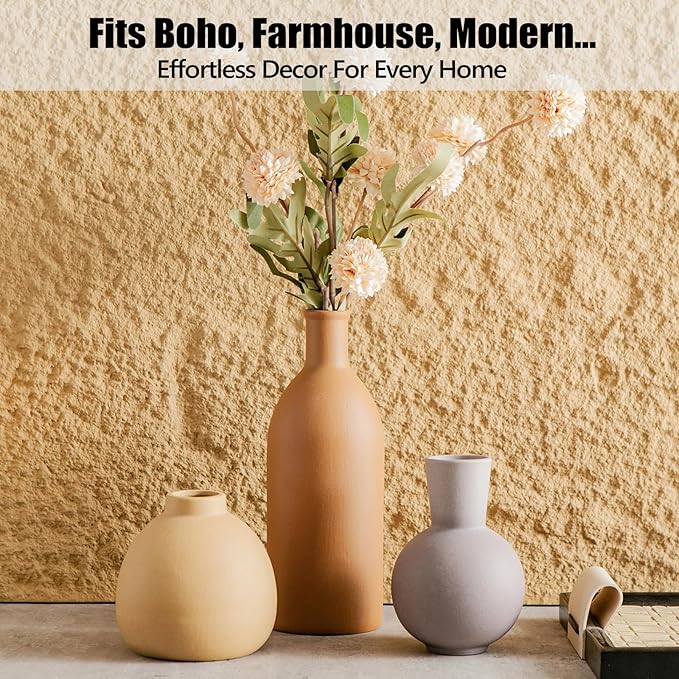 Ceramic Flower Vase Set of 3, Home Decor Vases for Centerpieces, Tulips Flowers Pampas Grass Decor, Boho Rustic Farmhouse Kitchen Bedroom Bathroom Living Room Office Wall Decor Aesthetic -Brown