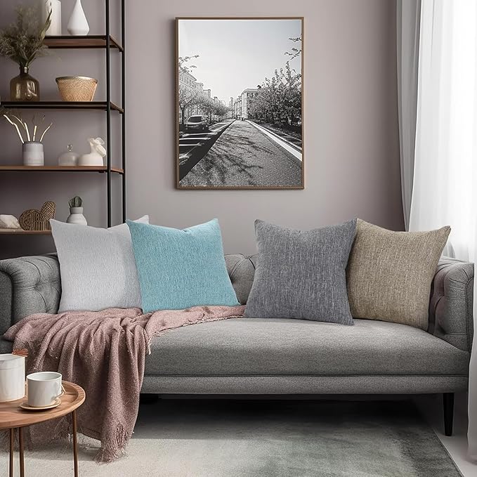 decorUhome Chenille Decorative Throw Pillow Covers 22x22 Set of 2, Farmhouse Textured Square Neutral Solid Accent Pillow Covers for Couch Sofa Bed Living Room Home Decor, Grey White