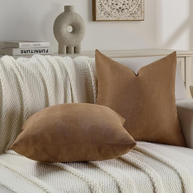 FUTEI Rust Chenille Throw Pillow Covers 22x22 Inch Set of 2,Soft Wide Chevron Textured Cushion Case,Farmhouse Home Decor for Couch Living Room