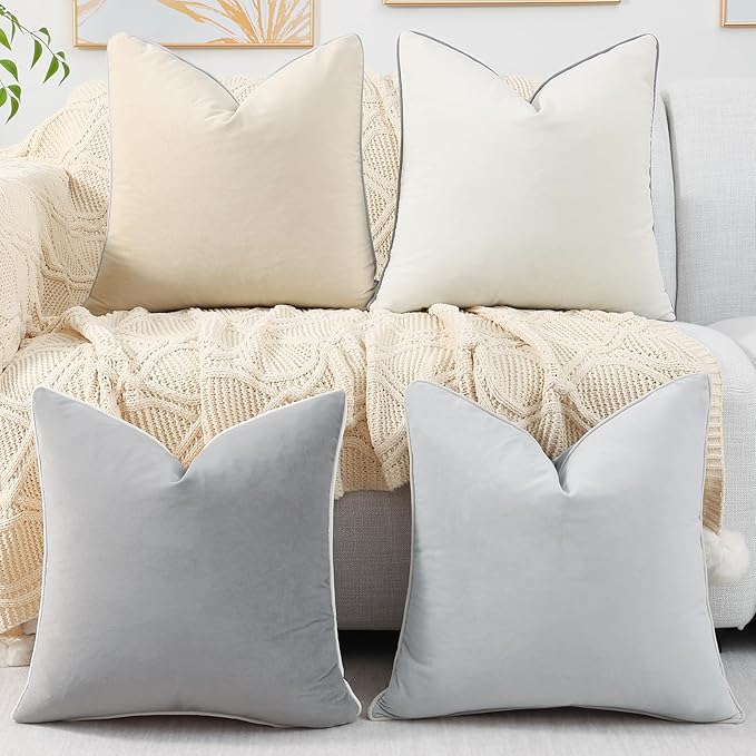 Mecatny Set of 4 Velvet Throw Pillow Covers 18x18, Soft Neutral Accent Decorative Couch Pillow Covers for Sofa Bedroom Living Room, Grey/Beige