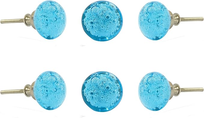 Perilla Home Set of 6 Knobs - Premium Blue Crystal Bubble Knobs Handles - Modern Decorative Glass Knobs for Home Decor, Kitchen, Cabinet, Hardware, Cupboard, Door, Dresser, Wardrobe and Drawer Pulls