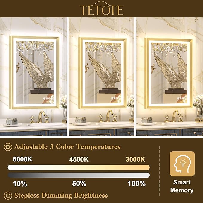 TETOTE 48x24 LED Bathroom Mirror with Lights Gold Frame Frontlit & Backlit Lighted Vanity Mirror Baroque Anti Fog Dimmable White/Warm/Natural,CRI90+,Waterproof,Wall Mounted(Horizontal/Vertical)