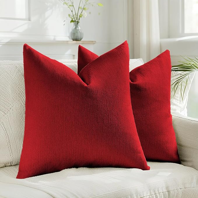 HAUSSY Red Throw Pillow Covers 20x20 Inch Set of 2,Boho Decorative Faux Linen Throw Pillows Cozy Farmhouse Accent Cushion Covers,Home Decor for Couch Sofa Bed Living Room