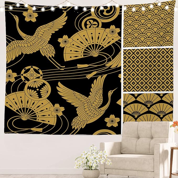 Batmerry Black Oriental Tapestry, Gold Japanese Fan Wall Art Hanging Decoration Polyester Fiber White Ruffled Around for Dorm Room Bedroom Living Room, 59.1x82.7 inches