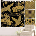 Batmerry Black Oriental Tapestry, Gold Japanese Fan Wall Art Hanging Decoration Polyester Fiber White Ruffled Around for Dorm Room Bedroom Living Room, 59.1x82.7 inches