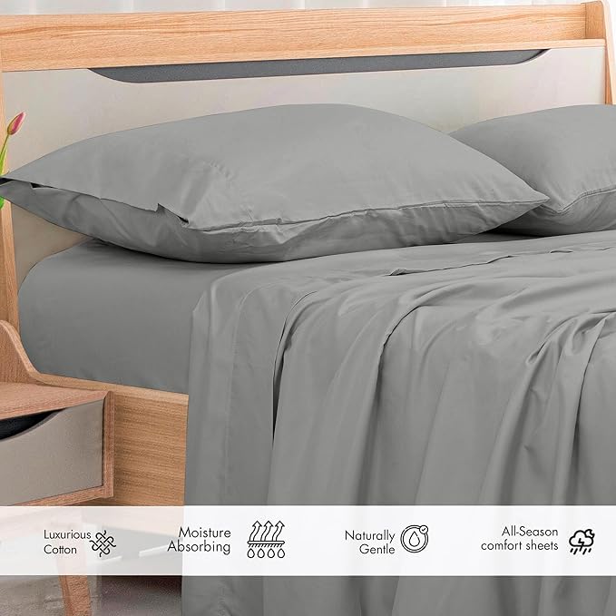 Royale Linens 300 Thread Count 100% Long Staple Combed Cotton Flat Sheet - Super Soft - Top Sheets - Twin Flat Sheet Sold Separately - Breathable, Cool & Crisp Percale Sheets Only (Twin, Silver)