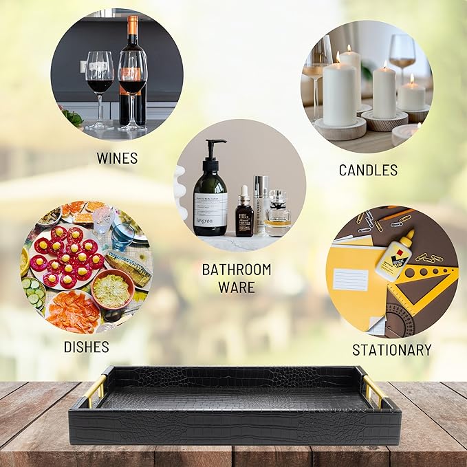17" x 12" Wood Serving Tray with Gold Polished Metal Handles, Home Decorative Wooden Rectangle Ottoman Leather Decor Platter Bathroom Vanity Tray for All Occasions Alligator Black