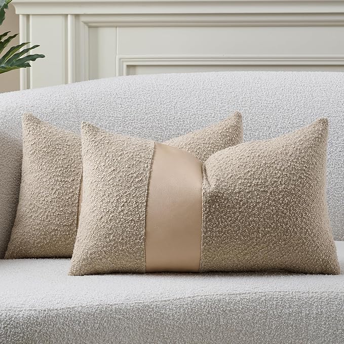 Pack of 2 Faux Leather Boucle Throw Pillow Covers 20"x12" Neutral Beige Chic Accents Textured Rectangular Lumbar Decorative Pillow Cases for Living Room Couch Bed Farmhouse Boho Home Decor