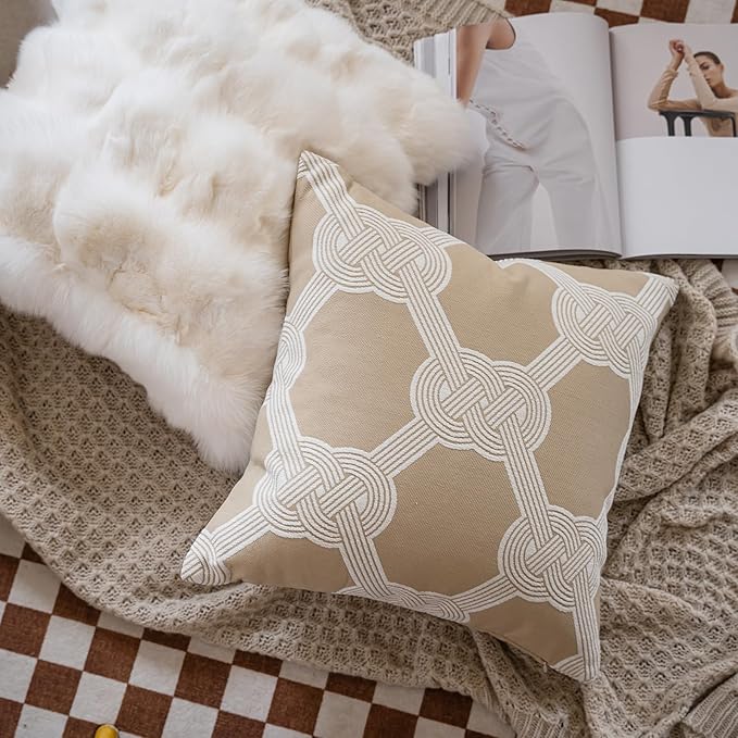 Premium Throw Pillow Covers 20x20 Inches - Oatmeal Gordian Knot Accent Chenille Jacquard Embroidery Decorative Couch Pillow Covers for Living Room Bedroom Sofa Home Décor
