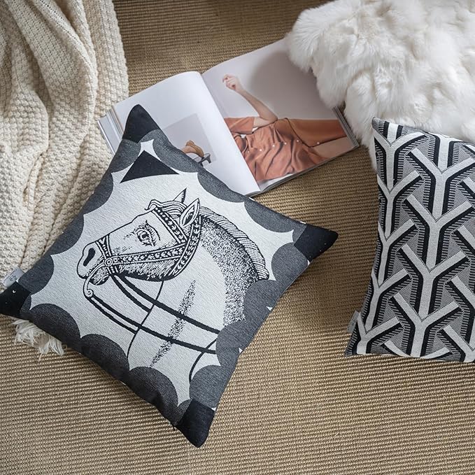 Premium Throw Pillow Covers 22x22 Inches - Black Elegance Palace Horse Chenille Jacquard Embroidery Decorative Couch Pillow Covers for Living Room Bedroom Sofa Home Décor
