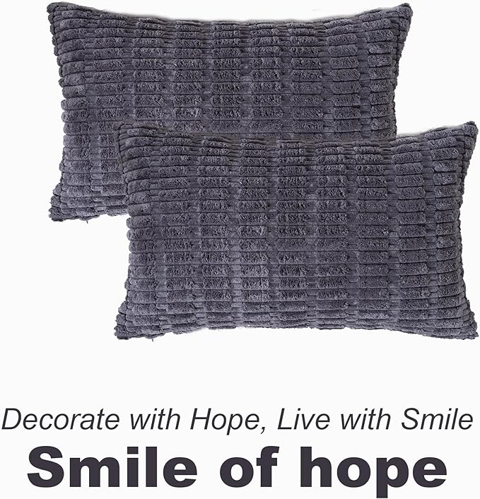 Set of 2 Corduroy Decorative Throw Pillow Covers 12x20 Inch Soft Boho Striped Couch Pillow Covers for Sofa Modern Farmhouse Neutral Home Decor Living Room Bed Dark Grey