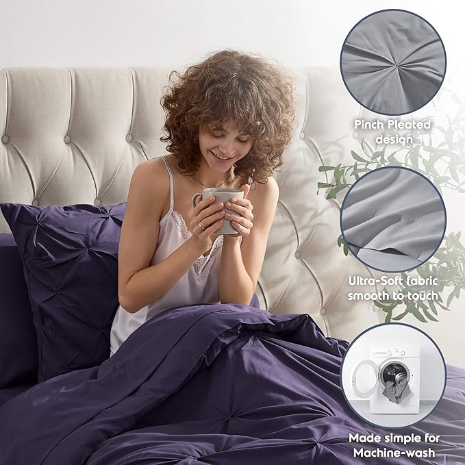 Nestl Twin XL Comforter Set 5 Piece - Pintuck Twin XL Bedding Set Purple, College Dorm Room Essentials with Sheets, Pillowcase and Sham