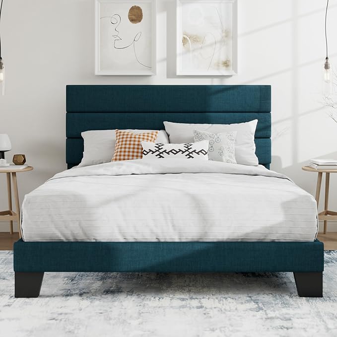SHA CERLIN Queen Platform Bed Frame with Upholstered Fabric Headboard, Mattress Foundation with Strong Wooden Slats Support, No Box Spring Needed, Blue