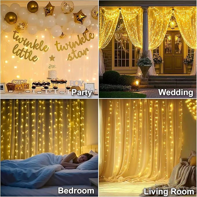 Warm White Curtain Light for Bedroom, 300 LED 9.8ft x 9.8ft Window Fairy Curtain String Light with 16 Hooks, 8 Models Remote Control for Wedding Party Home Garden Indoor Decorations
