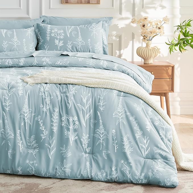 MUXHOMO Mineral Blue Cal King Comforter Set, Elegant Floral Print Bed in a Bag 7 Pieces, Ultra Soft & Breathable Reversible Botanical Pattern Bedding Set with Comforter, Sheets, Pillowcases, and Shams
